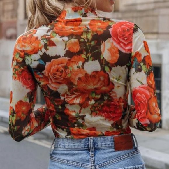 Orange Floral Mock Neck Mesh Top in M and L - Picture 2 of 3